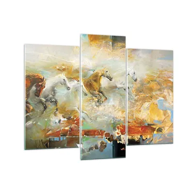 Produktbild von Bilder auf glas - 3 Teile - Pferde Galopp Modern - 130x100cm - Glasbilder - Wandbilder - Bilder - zum Aufhängen bereit - Wanddekoration aus Glas - Glas Bilder - Wandbild auf Glas - GCB130x100-4506