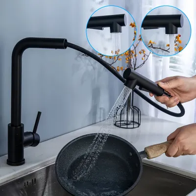 A black kitchen faucet with a pull-down sprayer is shown in use, rinsing a frying pan over a sink. Insets show different spray modes.