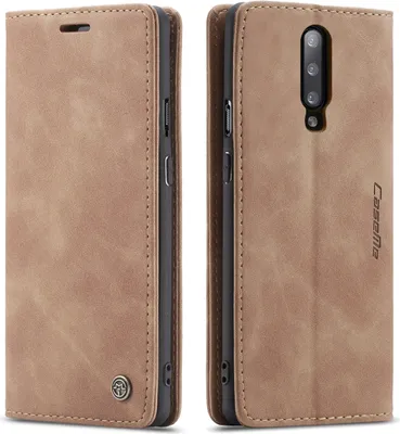 A brown leather flip case for a smartphone is shown from two angles.