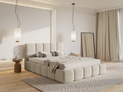 A bedroom scene with a bed, nightstand, and curtains.