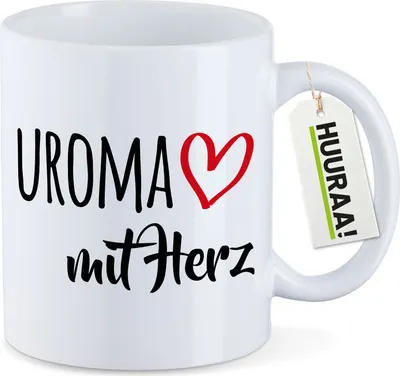 Produktbild von Huuraa Kaffeetasse Uroma mit Herz 330ml Weiß Keramik Kaffeebecher Geschenkidee