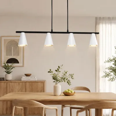 Obrázek produktu pro Závěsné svítidlo ZMH, 4 žárovky, stolní lampa, 70 cm, moderní, bílá, lineární, vhodné do jídelny, závěsné svítidlo s paticemi GU10, kovové, výškově nastavitelné, vhodné do kanceláře a pracovny, Obrázek vytvořený pomocí AI