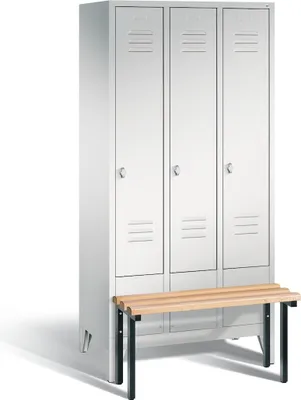 Produktbild von Garderobenschrank, vorgeb. Sitzbank, BxTxH 900x500x1850 mm, 3 Abt., Abt.B 300 mm, Holzleisten, Drehriegel, RAL 7035