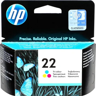 Productafbeelding van HP 22, originele driekleurige inktcartridge, met azuur-, paars- en geelpigment, op kleurbasis, 5 ml, 1 stuk, geschikt voor 165 pagina's.
