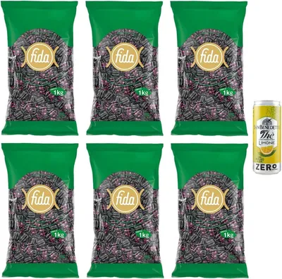 Produktbild von 6er-Pack FIDA Rossana Gocce Liquirizia Bonbons mit Lakritze gefüllte 1Kg Beutel + 1er-Pack San Benedetto Eistee mit Zitrone Ohne Zucker 330ml Dose