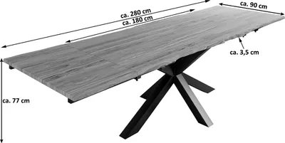 Produktbild von Baumkantentisch 180 (280) x 90 cm Janosh, Akazienholz massiv & stonefarben, Esstisch inkl. 2 Ansteckplatten 50 x 90 cm, echte Baumkante, Spider-Metallgestell in Schwarz