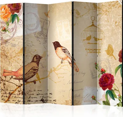 Produktbild von Akusticher Raumteiler Vögel Vintage Foto Paravent 225x172 cm beidseitig auf Vlies-Leinwand bedruckt Akustikschaum Trennwand Spanische Wand Sichtschutz Home Office Natur Blumen g-C-0166-z-c