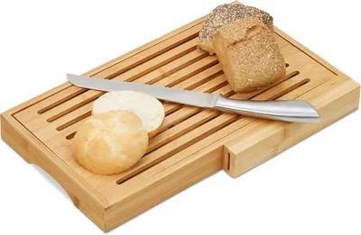 Image de Planche à pain avec couteau - Planche à pain pratique - Couteau inclus - Bac à miettes - 4x40x24 cm - Naturel