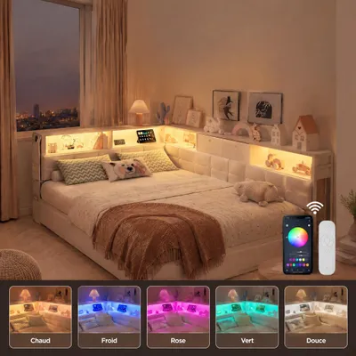 Obrázok produktu pre INONEFT Čalúnená posteľ s úložným priestorom, 140x200 cm, s LED osvetlením a USB portmi, posteľ s úložným priestorom a roštom, dvojlôžko s 2 zásuvkami, materiál: ľan, farba: biela