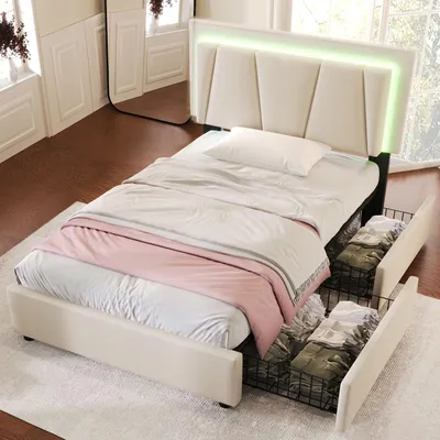Image de Lit rembourré 90 x 200 cm avec éclairage LED et 2 tiroirs – Lit rembourré beige, tête de lit réglable en hauteur, sommier à lattes inclus, matelas non fourni