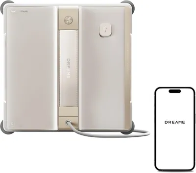 A window cleaning robot and a smartphone displaying the brand name.