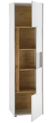 A tall, narrow cabinet with white exterior and wood-effect interior shelves and accents.