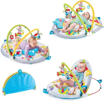 Produktbild von Yookidoo 3-in-1 Baby Gym Spielmatte mit Spielbogen – Activity Center für Neugeborene, Bauchlage-Kissen, Musikflugzeug, Babyspiegel & Sensorik-Spielzeug, Sitztrainer für Babys 0–12 Monate