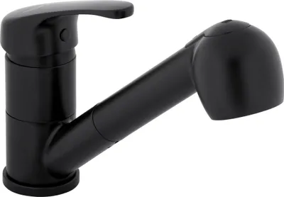 A black kitchen faucet with a pull-out sprayer is shown against a white background.