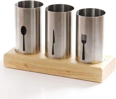 Produktbild von Famanu Besteckhalter - Edelstahl mit Holzsockel - für Gabeln, Messer, Löffel - 3 Halterbecher