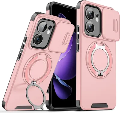 Immagine prodotto di Custodia a doppio strato per Oppo Reno13 F, con copertura scorrevole della fotocamera e supporto ad anello magnetico Rosa