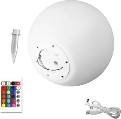 A white LED light sphere with accessories including a stake, remote control, and charging cable, displayed against a white background.