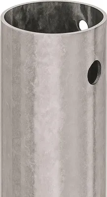 A close-up, straight-on view of a metal post anchor with two holes visible on its side.