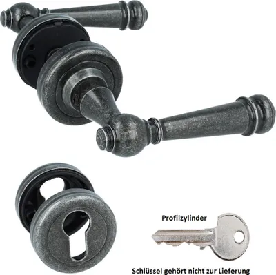 A set of antique-style door handles and a keyhole escutcheon, with a key and text labels.