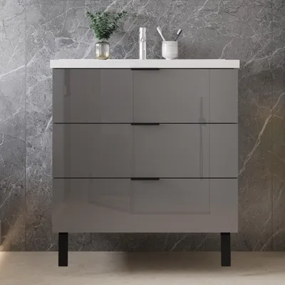 Produktbild von 80 cm Badmöbel-Set Unterschrank mit Keramik waschtisch 3 Schubladen und 2 Füßen Hochglanz Anthrazit soft-close Selbstmontierter