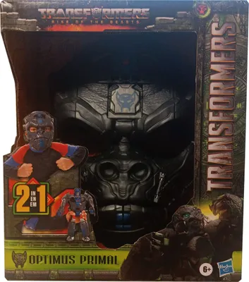 The image shows the packaging of a Transformers Optimus Primal 2-in-1 figure mask.