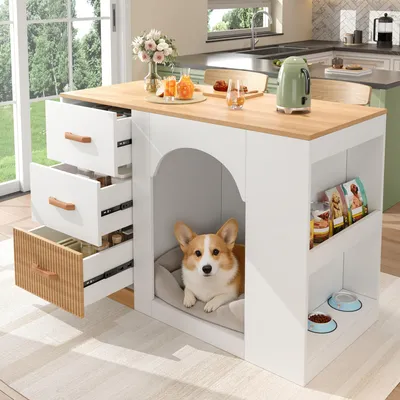 Image de Îlot de cuisine Merax avec espace pour chien, armoire de cuisine avec 3 tiroirs, étagère latérale, commode imitation bois, meuble de cuisine type buffet avec zone de repos pour animaux, blanc