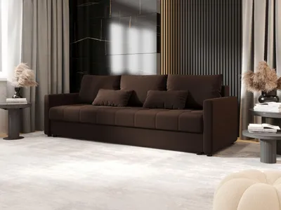 A dark brown sofa is shown in a modern living room setting with decorative elements and curtains.
