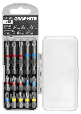 Imagen del producto de Juego de destornilladores de punta: PH2x2, PH3, PZ2x2 de 50 mm, PH1/2/3, PZ1/2/3, TX10/20/25/30 de 25 mm, 15 piezas.