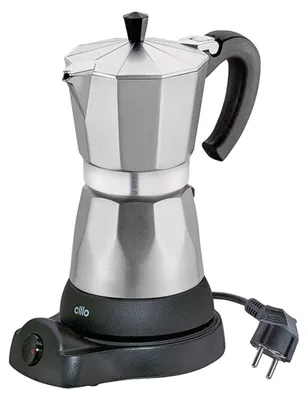 Productafbeelding van cilio Espressokoker Classico voor 6 kopjes | elektrisch, 480W | Ø 11,5 cm, hoogte: 25 cm | aluminium | zilver | geïntegreerd kookplaatje | met warmhoudfunctie en verminderingstuk | ideaal voor reizen of kamperen