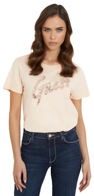 Produktbild von GUESS Damen Eco Kurzarm Lace Logo Easy Tee, Peach Sky Multi, X-Klein