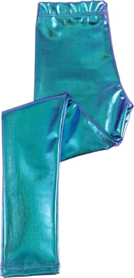 Eine glänzende Blau Metallic Kinderleggings liegt einzeln gefaltet auf weißem Hintergrund.