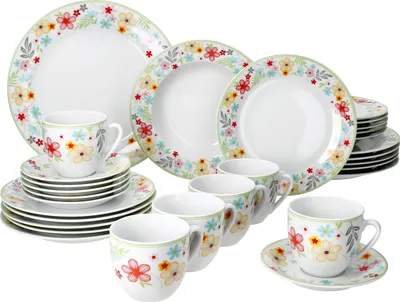 A collection of floral-patterned porcelain dinnerware, including plates, cups, and saucers, arranged on a white background.