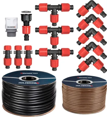 Produktbild von HOLZBRINK Bewässerungssystem Tropfbewässerung für Thuja Hecken, 100 m Tropfschlauch Profi 16 mm, 5 m Verlegerohr 16 mm, HTB-12-100P-5