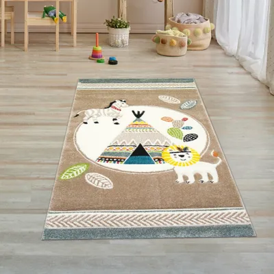 Produktbild von Kinderzimmer Teppich Spielteppich Zelt Löwe Zebra Kaktus beige blau creme braun Größe - 80 x 150 cm