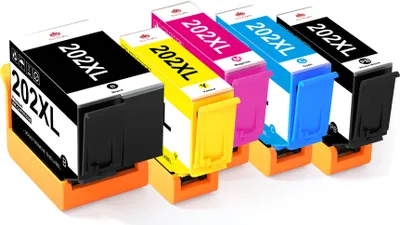 A set of five ink cartridges for a printer, displayed in their orange holders.