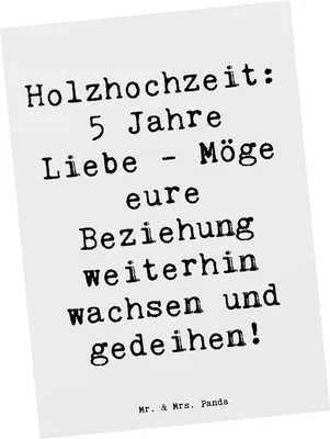 Produktbild von Mr. & Mrs. Panda Postkarte Spruch 5. Hochzeitstag Holzhochzeit - Weiß - Geschenk, Ansichtskarte, Heiraten, Ansichtskarten, Liebe feiern, Geschenke, besondere Anlässe