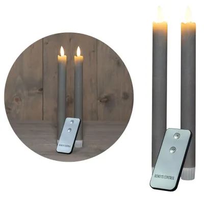 Produktbild von Stabkerzen LED mit Timer TAUPE GRAU 2er indoor mit Timer Funktion 6 Stunden ECHTWACHS 23cm Höhe für Kerzen 2,2cm Durchmesser 2 AAA Batterien LED Stabkerzen flackernde Flamme bewegliche Flamme
