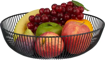 Produktbild von Relaxdays Obstschale Metall, runder Obstkorb, HxD: 8 x 28 cm, Drahtkorb für Früchte, Gemüse & Brötchen, modern, schwarz
