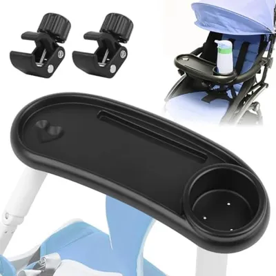 Produktbild von PolkaHome® Universelles Snacktablett für Kinderwagen – 3-in-1 Becherhalter, Telefonhalter und Tablett, Schwarz
