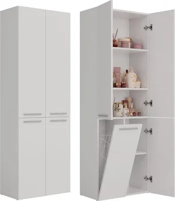 Immagine prodotto di Armadio da bagno Nel DD 1K con anta lunga e cestello – Armadio contenitore con 5 ripiani | Bianco opaco | 60x30x174 cm
