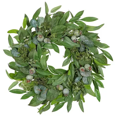 Produktbild von Künstlicher Türkranz 60 cm Eukalyptus Weiße Blüten Frühlingskranz Dekokranz Grün