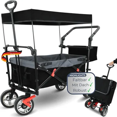 Produktbild von Bollerwagen faltbar mit Dach REGGI - Für Kinder & Tiere | Handwagen Transportwagen belastbar bis 80kg Feststellbremsen Sonnen- und Regenschutz, Schwarz