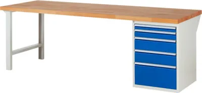 Produktbild von Werkbank mit 5 Schubladen - Teilauszug - 60:1 / 90:1 / 150:2 / 270:1 - 840 x 2.500 x 900 mm (HxBxT) - Traglast 1.000 kg - Buche