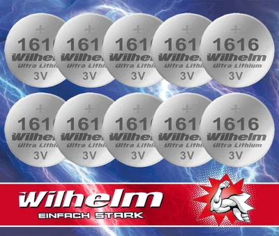 A group of coin cell batteries arranged in two rows against a blue, lightning-themed background. The bottom of the image features a red banner with the brand name and slogan.