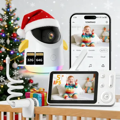 Produktbild von 5 Zoll Babyphone mit Kamera und App Video Babyphone WLAN RGB Nachtlicht Automatischer Bewegungserkennung Weinerkennung Nachtsicht mit Halterung 32&64G