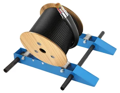 Produktbild von Drahtkabeltrommelständer, Stahlmaterial, maximale Tragfähigkeit 2000 kg, Abmessungen 76x61x51 cm, Kompatibilität für Standardtrommeln, Kombinationsdesign