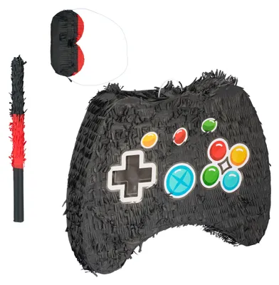Produktbild von Relaxdays Pinata Set, 3-tlg., Controller, zum Aufhängen, Kinder, Mädchen und Jungs, mit Stab & Maske, unbefüllt, bunt