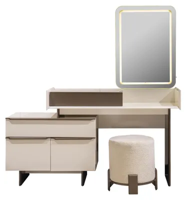 Productafbeelding van Moderne slaapkamer meubels, elegante make-uptafel, beklede kruk, spiegel