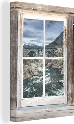Produktbild von OneMillionCanvasses® - Leinwandbilder - 90x140 cm, Aussicht - Brücke - Wasser, - Geöffnetes Fenster - Fensterblick Schlafzimmer Kunstdruck Wanddekoration - Foto auf Leinwand - Gemälde auf Holzrahmen  - Wandschmucke - Schlafzimmer