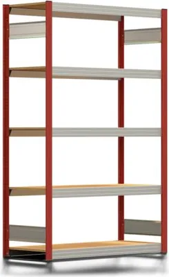 Produktbild von Fachbodenregal Tiefenriegel - 250 kg - 2.000 x 1.285 x 500 mm (HxBxT) - Grundregal - feuerrot - 5 Holzböden - Lagerregal - Steckregal BERT